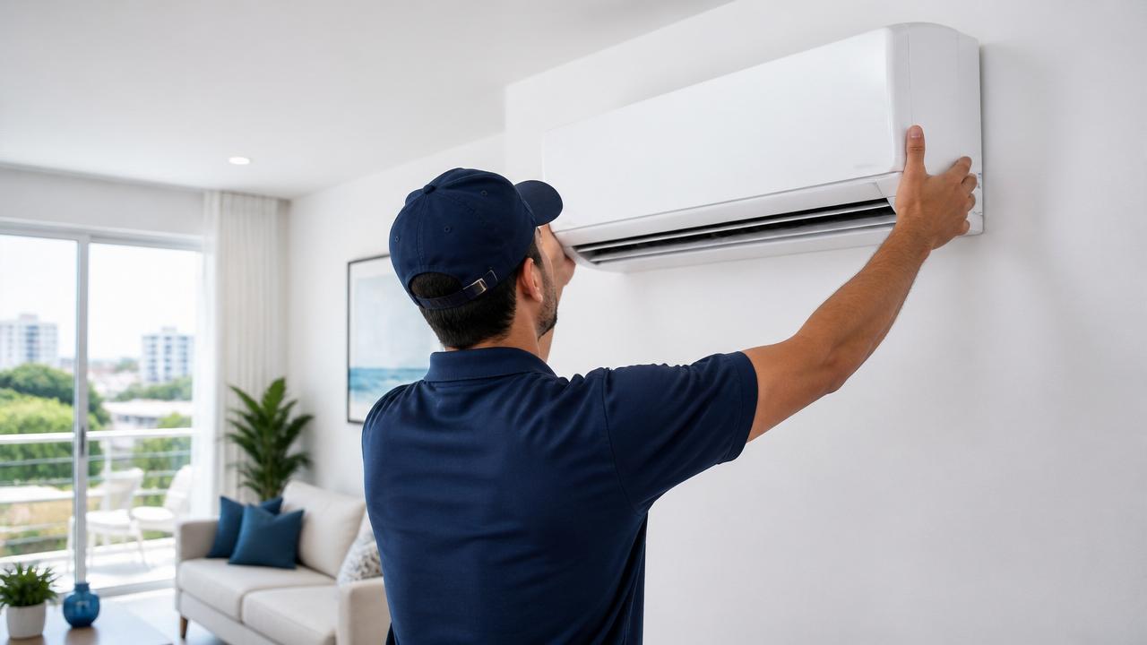 Técnico da Calafrio instalando ar-condicionado split em residência