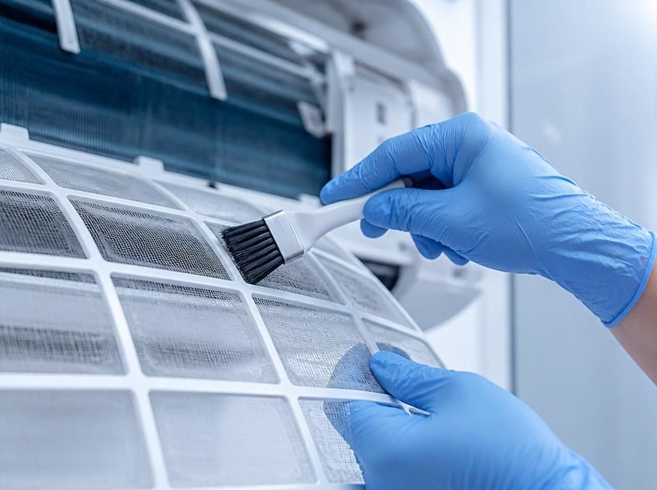 Técnico realizando manutenção e limpeza de filtros